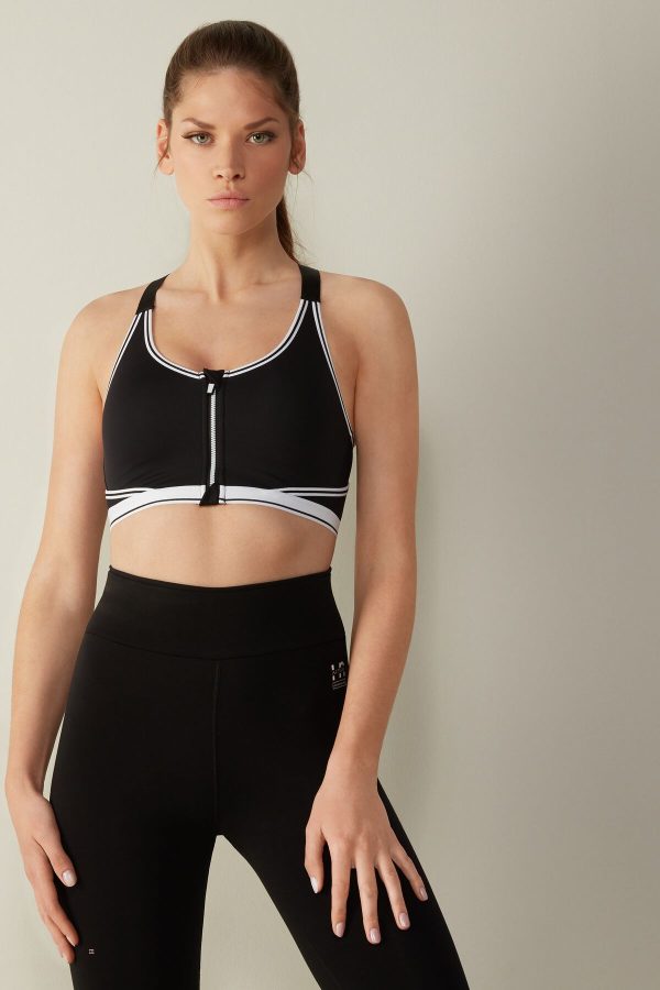 Bralette Podprsenka Intimissimi In Action Zip Bra with Supima® Bavlnene Lining Damske Čierne Biele | SK-3861BFLOM