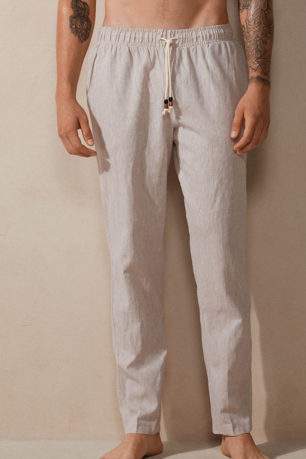 Nohavice Intimissimi Linen and Bavlnene Full Length Panske Béžové Biele | SK-3542FZQEU