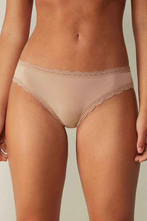 Nohavičky Do Bikín Intimissimi Bavlnene and Cipkovane Panties Damske Béžové | SK-3870NSVZK