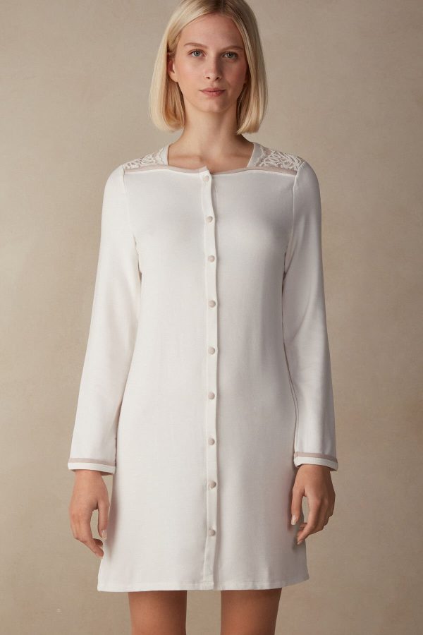 Nočná Bielizeň Intimissimi Romantic Bedroom Button Up Night Shirt in Modal with Vlna Damske Biele Ruzove | SK-8017WZTLR