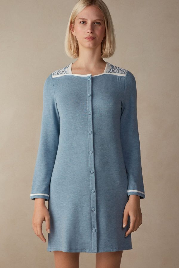 Nočná Bielizeň Intimissimi Romantic Bedroom Button Up Night Shirt in Modal with Vlna Damske Svetlo Modre | SK-8730EOCVH