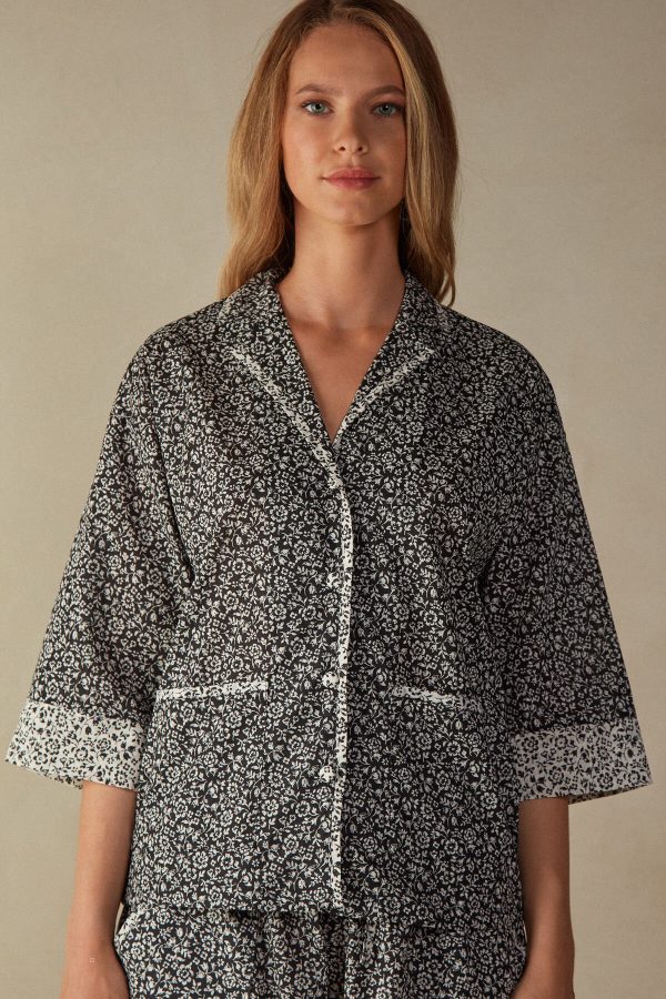 Pyžamo Dlhé Intimissimi A Floral Affair Platene Shirt Damske Čierne Biele | SK-3014QVBEU
