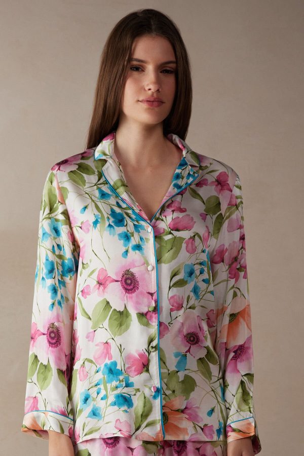 Pyžamo Dlhé Intimissimi Botanical Lyrics Satin Button Up Shirt Damske Modre Ruzove | SK-4109ZYDKE