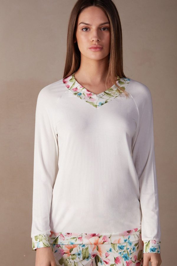 Pyžamo Dlhé Intimissimi Botanical Lyrics Long Sleeve Modal Top Damske Biele | SK-5637TPXAJ