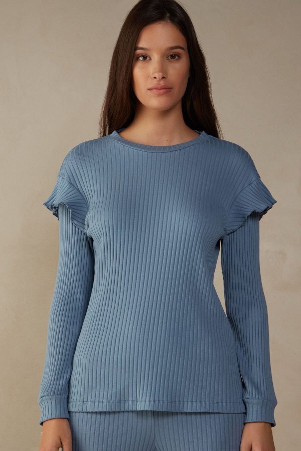 Pyžamo Dlhé Intimissimi Cozy Mountains Long Sleeve Rebrovaný Top Damske Modre | SK-0437QDCKP