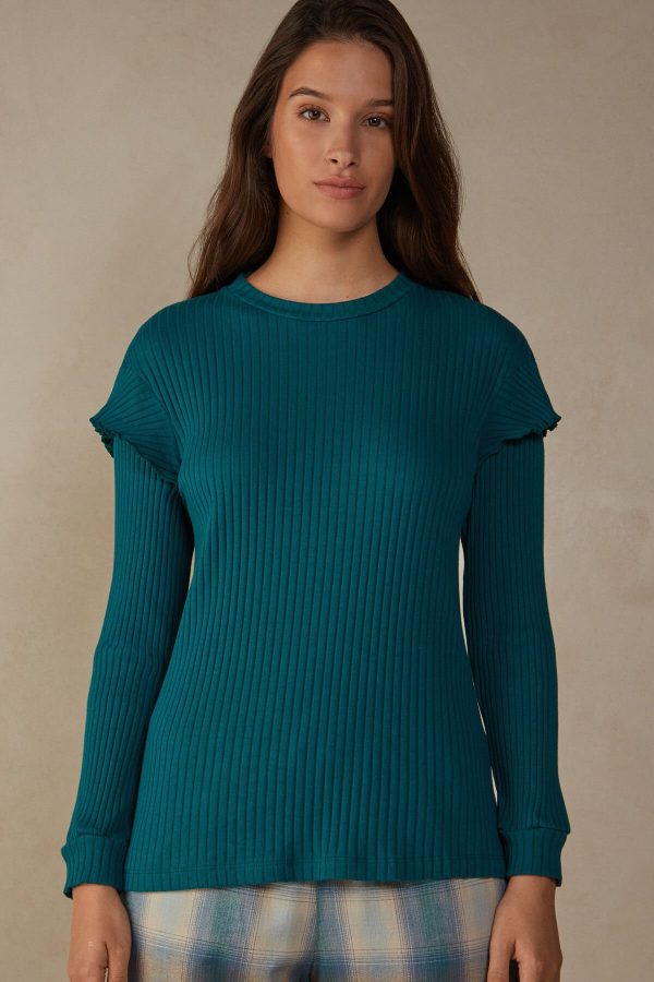 Pyžamo Dlhé Intimissimi Cozy Mountains Long Sleeve Rebrovaný Top Damske Zelene | SK-7562PGRQB