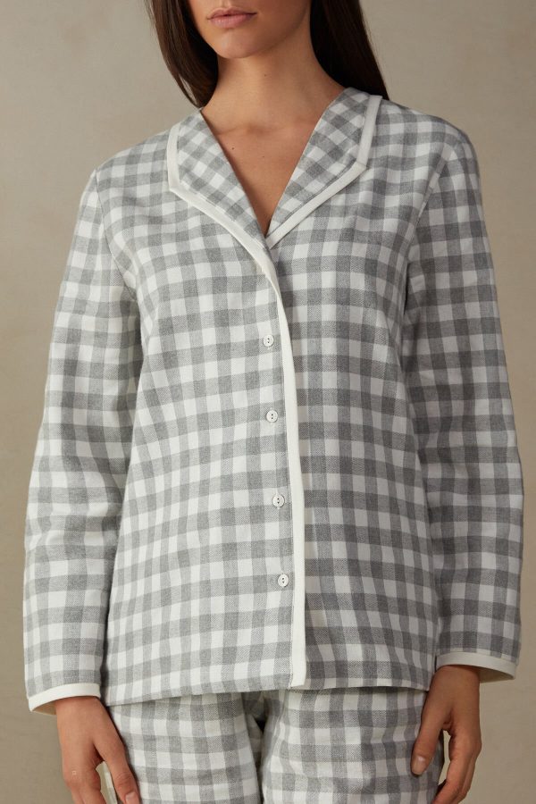 Pyžamo Dlhé Intimissimi Gingham Lover Shirt in Brushed Cloth Damske Biele Siva | SK-3276OLZEV