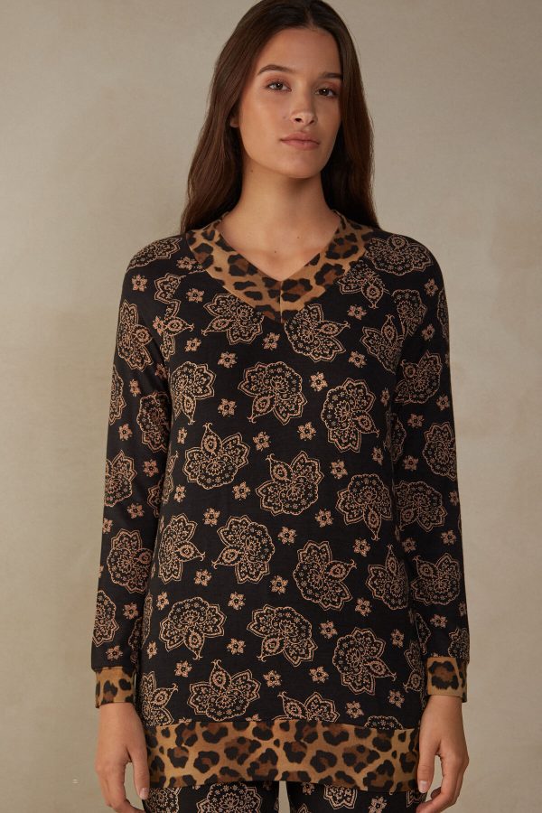 Pyžamo Dlhé Intimissimi Lady Animalier Long Sleeve Modal Top Damske Čierne | SK-6204FNQUV