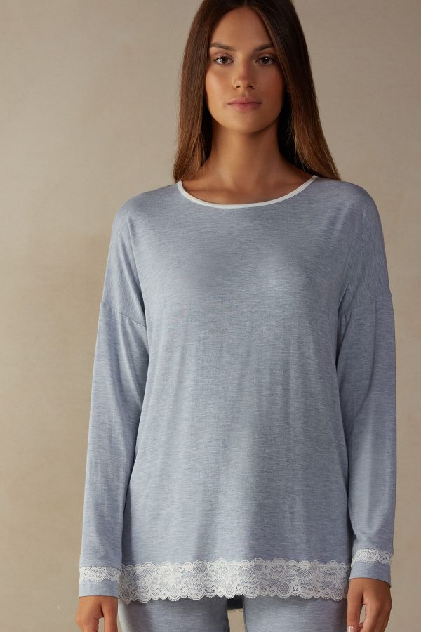 Pyžamo Dlhé Intimissimi Long-Sleeve Round-Neck Modal Top Damske Svetlo Modre | SK-9367NREYM