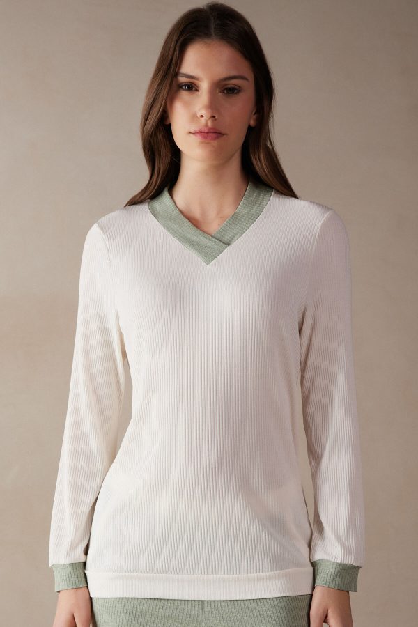Pyžamo Dlhé Intimissimi Lost in Fields V-neck Top in Modal Damske Béžové Svetlo Žlté Biele | SK-8736XZBMG