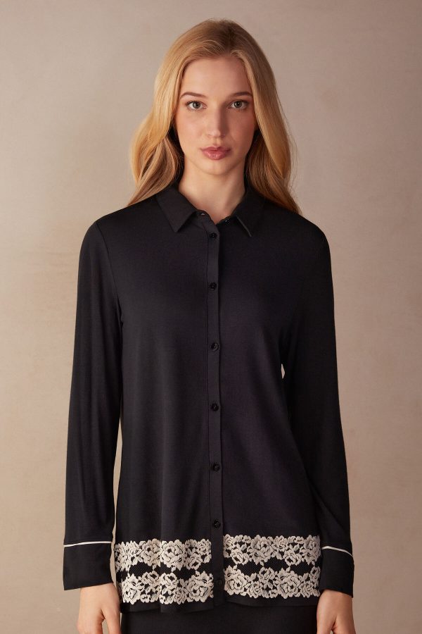 Pyžamo Dlhé Intimissimi Pretty Flowers Button Up Shirt in Modal Damske Viacfarebný Čierne Biele | SK-1543CRQMY