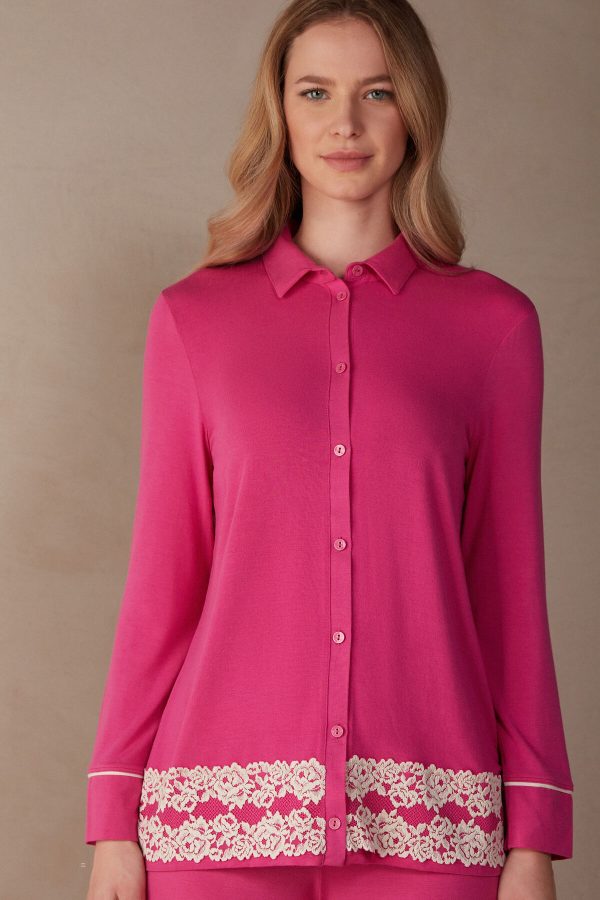 Pyžamo Dlhé Intimissimi Pretty Flowers Button Up Shirt in Modal Damske Ruzove Biele | SK-8532IZPTM