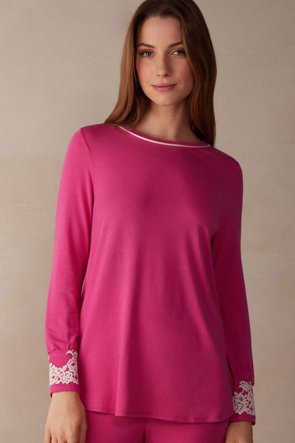 Pyžamo Dlhé Intimissimi Pretty Flowers Modal Top Damske Ruzove Biele | SK-4283QAGFM