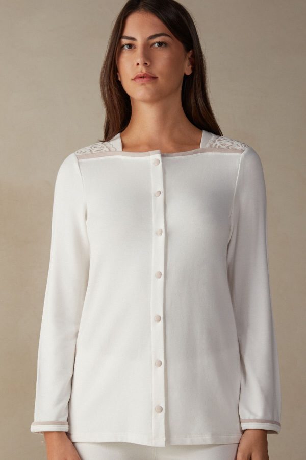 Pyžamo Dlhé Intimissimi Romantic Bedroom Button Up Top in Modal with Vlna Damske Biele Ruzove | SK-1236QEVNH