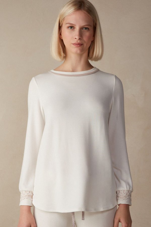 Pyžamo Dlhé Intimissimi Romantic Bedroom Top in Modal with Vlna Damske Biele Ruzove | SK-5407ZLEAP