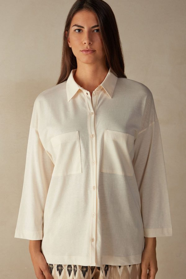 Pyžamo Dlhé Intimissimi Urban Nomad Bavlnene Shirt Damske Biele Svetlo Béžové | SK-3489SKMTP