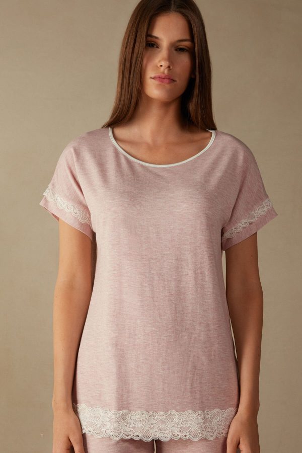 Pyžamo Krátke Intimissimi Kratke-Sleeve Modal Top with Cipkovane Detail Damske Ruzove | SK-0182YBZKD