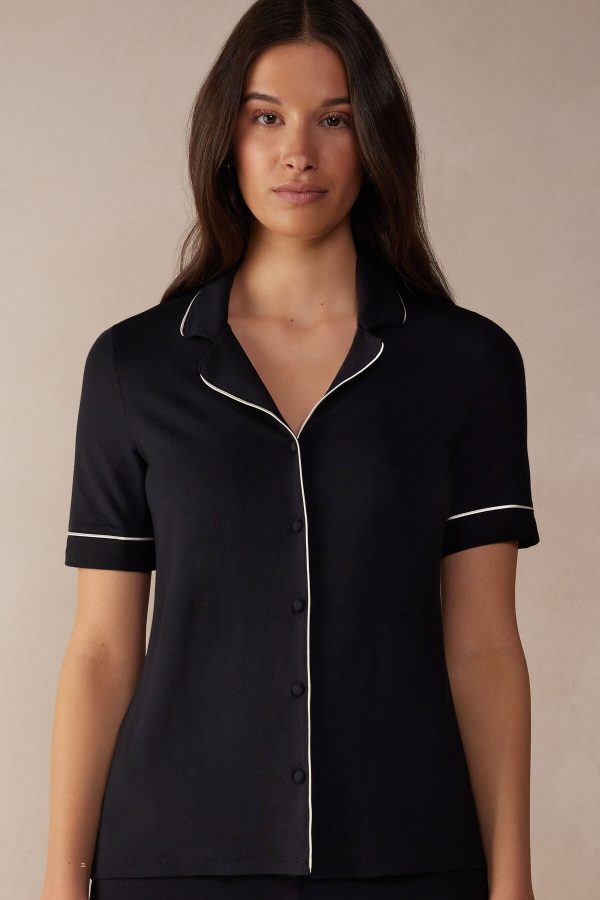 Pyžamo Krátke Intimissimi Kratke Sleeve Button Up Shirt in Modal Damske Čierne | SK-1746VBAPC