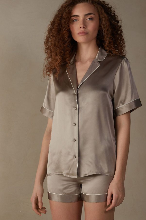 Pyžamo Krátke Intimissimi Kratke Sleeve Silk Shirt with Contrast Trim Damske Béžové | SK-3708GTURY