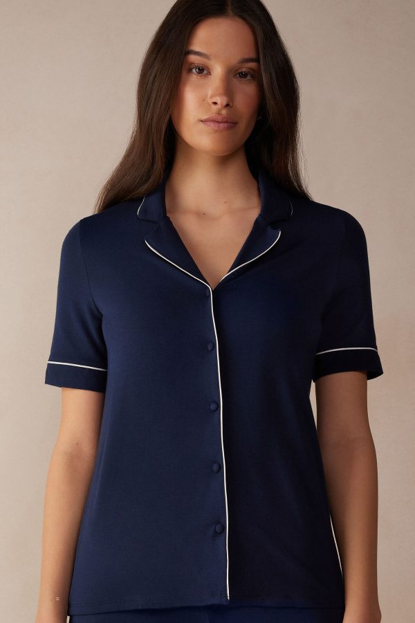 Pyžamo Krátke Intimissimi Kratke Sleeve Button Up Shirt in Modal Damske Modre | SK-4829XUIAS