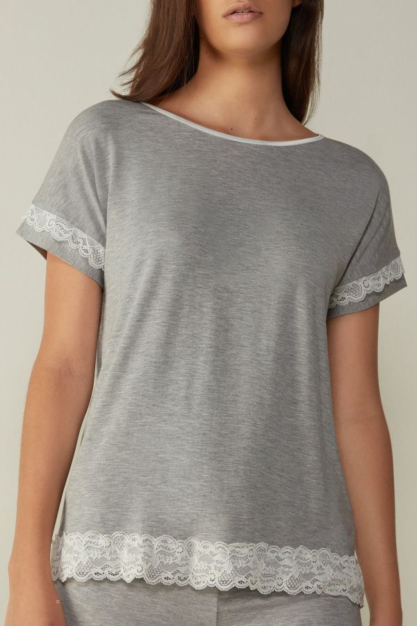 Pyžamo Krátke Intimissimi Kratke-Sleeve Modal Top with Cipkovane Detail Damske Siva | SK-9570MAWUI