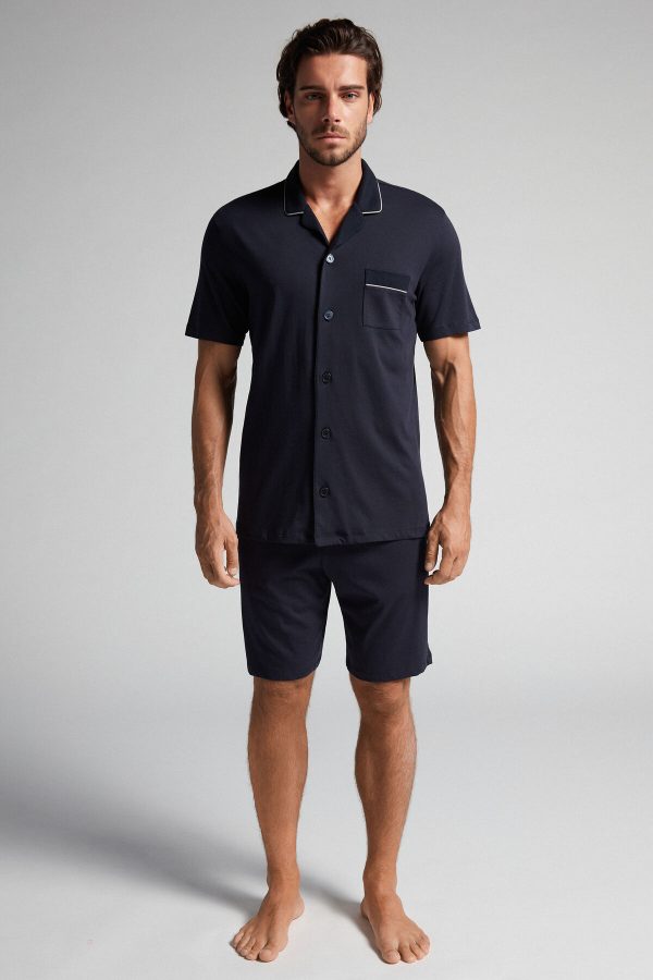 Pyžamo Krátke Intimissimi Supima Bavlnene Button-Front Cropped Panske Modre | SK-1079JMNSI