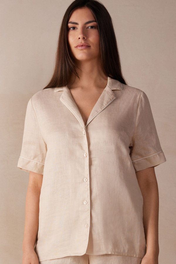 Pyžamo Krátke Intimissimi Yacht Night Linen Kratke Sleeve Shirt Damske Béžové | SK-5672SZWYL
