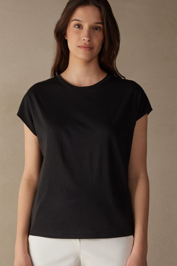 Tricko Intimissimi Kratke Sleeve Crew Neck in Supima® Ultrafresh cotton Damske Čierne | SK-1794EDNJK