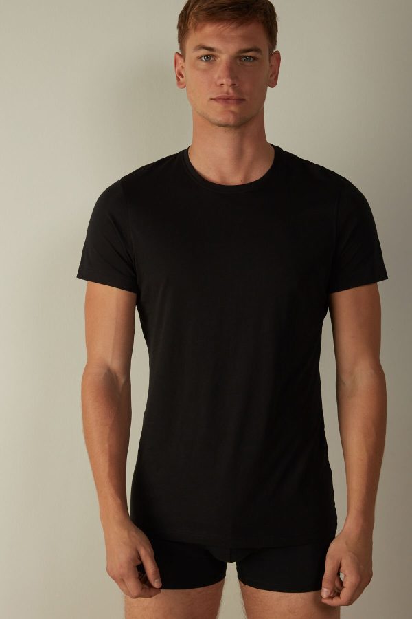 Tricko Intimissimi Kratke-Sleeve Crew-Neck in Extra-Fine Supima® Bavlnene Panske Čierne | SK-2547KISVA