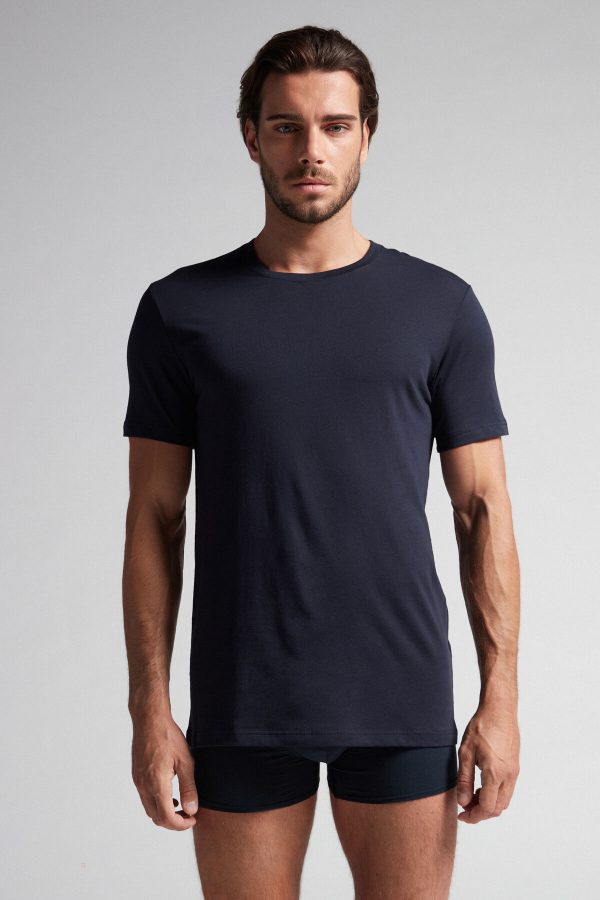 Tricko Intimissimi Kratke Sleeve Crew Neck T Shirt in Supima® Bavlnene Panske Modre | SK-3874GYFCE