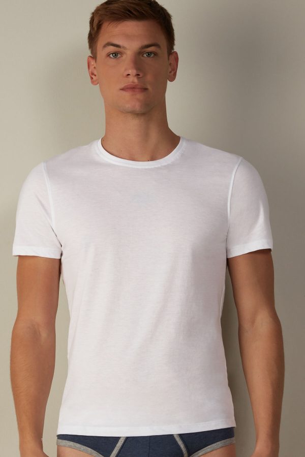 Tricko Intimissimi Kratke-Sleeve Crew-Neck in Extra-Fine Supima® Bavlnene Panske Biele | SK-4675ZEBFL