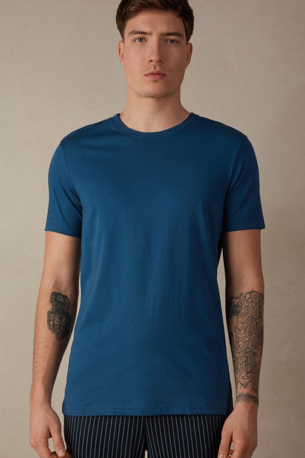 Tricko Intimissimi Kratke Sleeve Crew Neck T Shirt in Supima® Bavlnene Panske Biele Modre | SK-6953GZSWP