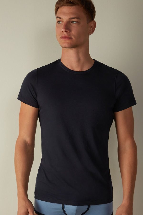 Tricko Intimissimi Kratke-Sleeve Crew-Neck in Extra-Fine Supima® Bavlnene Panske Modre | SK-8493UPRTE