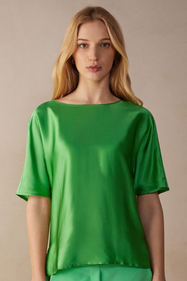 Tricko Intimissimi Kratke Sleeve Silk and Modal Damske Zelene Mätové | SK-2807UYHCF