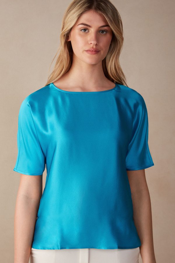 Tricko Intimissimi Kratke Sleeve Silk and Modal Damske Modre Tyrkysové | SK-5039DHAGB