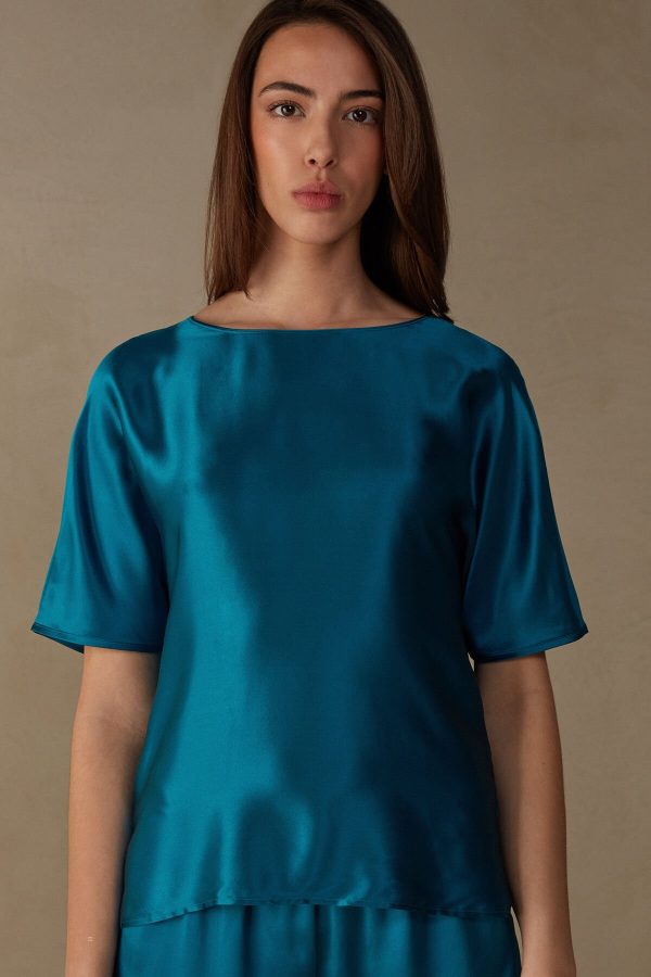 Tricko Intimissimi Kratke Sleeve Silk and Modal Damske Modre | SK-6781WTCQI
