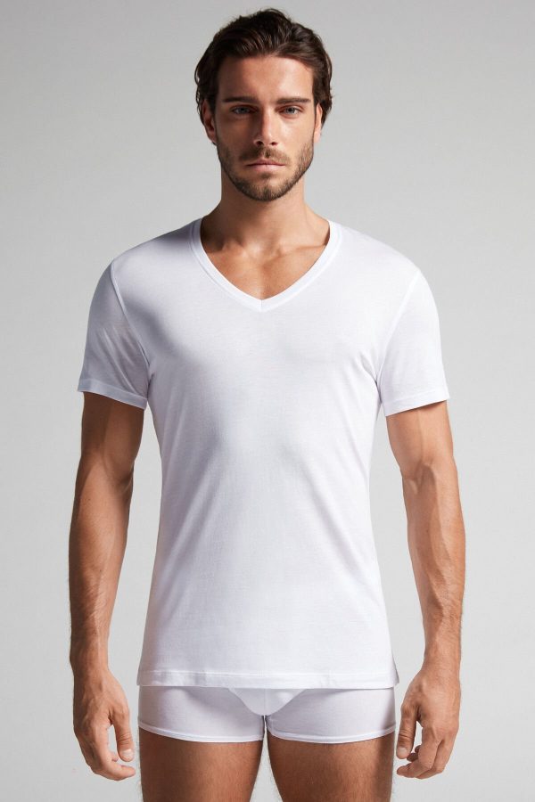 Tricko Intimissimi Kratke-Sleeve V-Neck T Shirt in Extra-Fine Supima® Bavlnene Panske Biele | SK-2708TYLQU
