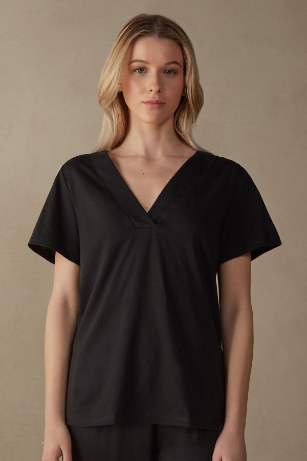 Tricko Intimissimi Kratke Sleeve V-neck in Supima® Ultrafresh Bavlnene Damske Čierne | SK-1268RIGJX