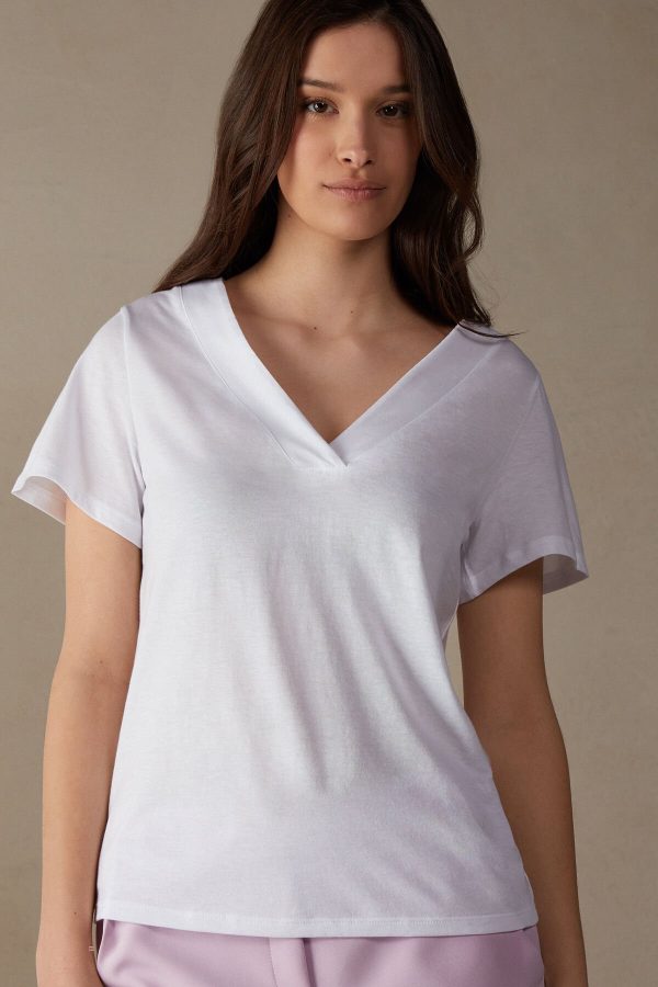 Tricko Intimissimi Kratke Sleeve V-neck in Supima® Ultrafresh Bavlnene Damske Biele | SK-9514ZXCKJ