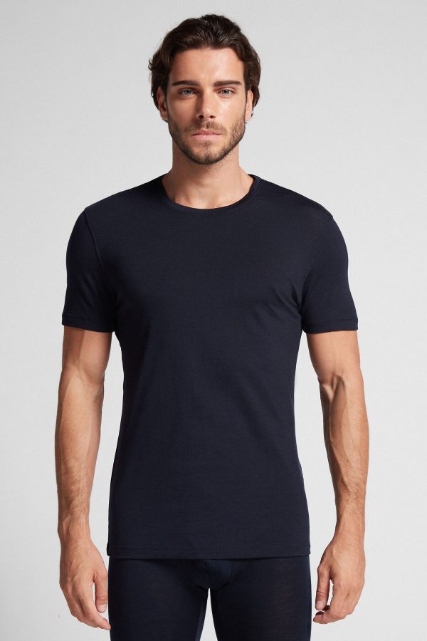 Tricko Intimissimi Stretch Merino Vlna Kratke-Sleeve Panske Modre | SK-2348KNZXB