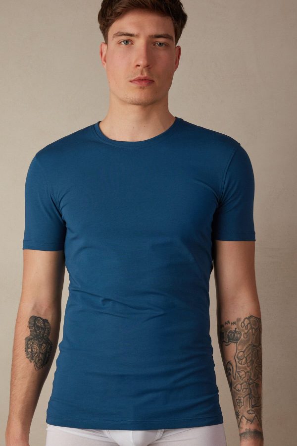 Tricko Intimissimi T-shirt in Stretch Supima® Bavlnene Panske Biele Modre | SK-9183WAFQH