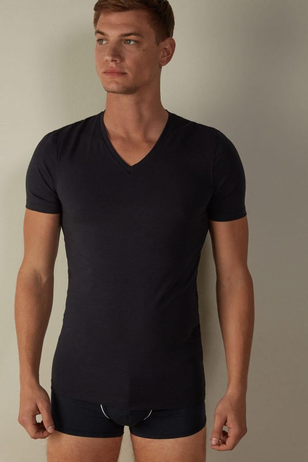 Tricko Intimissimi V-neck in Stretch Supima® Bavlnene Panske Modre | SK-2105WZUKD
