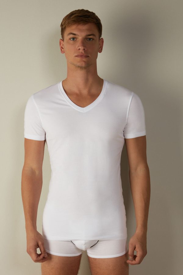 Tricko Intimissimi V-neck in Stretch Supima® Bavlnene Panske Biele | SK-8094SHRXA