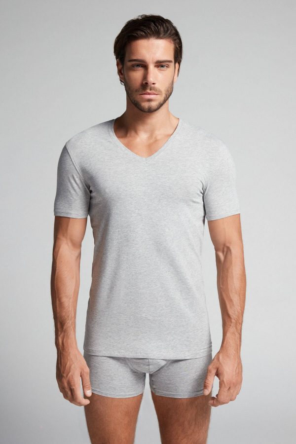Tricko Intimissimi V-neck in Stretch Supima® Bavlnene Panske Siva | SK-8731KUSGA