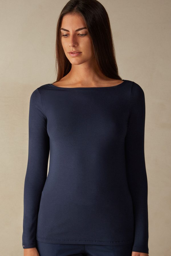 Tričko S Dlhým Rukávom Intimissimi Long Sleeve Bateau Neck in Micromodal Damske Modre | SK-0795SLKEH