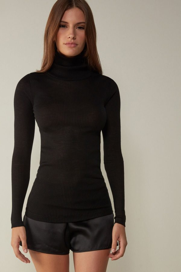 Tričko S Dlhým Rukávom Intimissimi Long-sleeve High-Neck Tubular in Vlna and Silk Damske Čierne | SK-1386TXHVZ