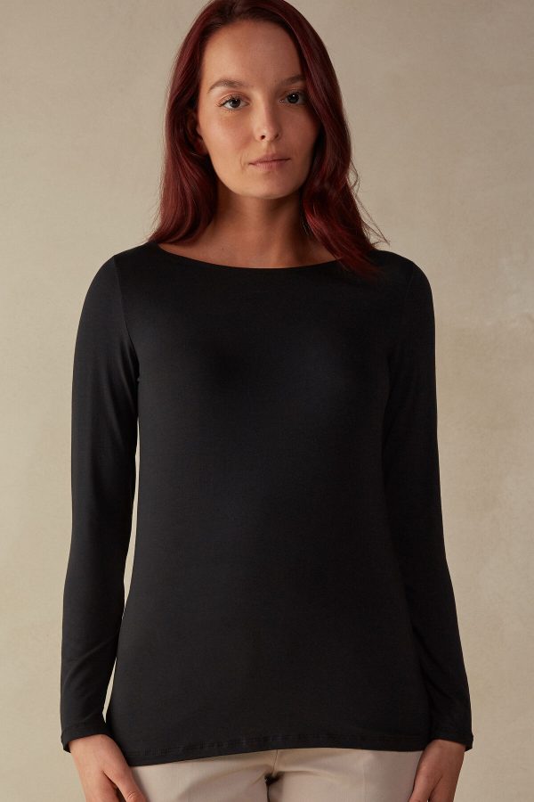 Tričko S Dlhým Rukávom Intimissimi Long Sleeve Bateau Neck in Micromodal Damske Čierne | SK-1830YSNPU