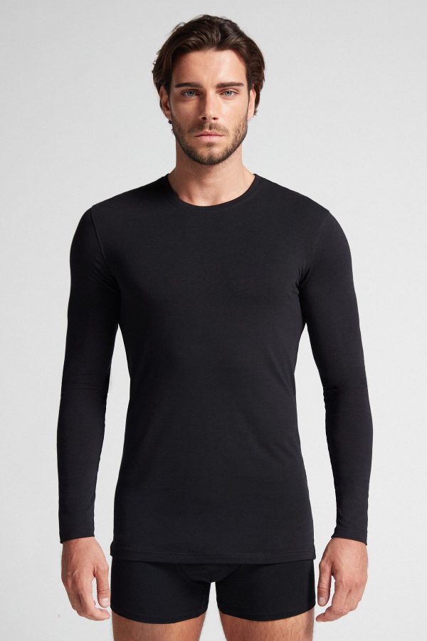 Tričko S Dlhým Rukávom Intimissimi Long-Sleeve Stretch Supima Bavlnene Panske Čierne | SK-2986QVWUJ