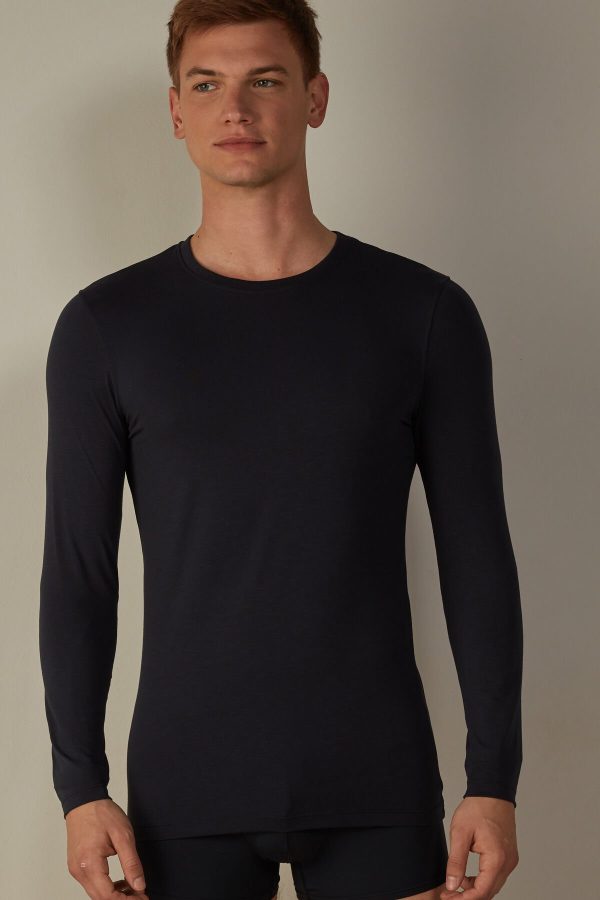 Tričko S Dlhým Rukávom Intimissimi Long-Sleeve Stretch Supima Bavlnene Panske Modre | SK-4601ZSRIH