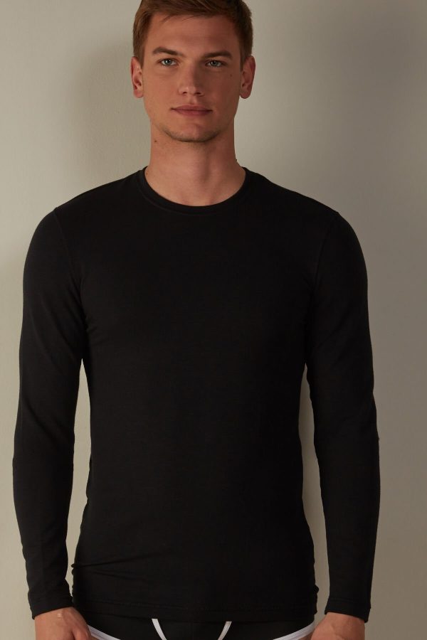 Tričko S Dlhým Rukávom Intimissimi Long-Sleeve Modal-Cashmere Panske Čierne | SK-5734IXLOU